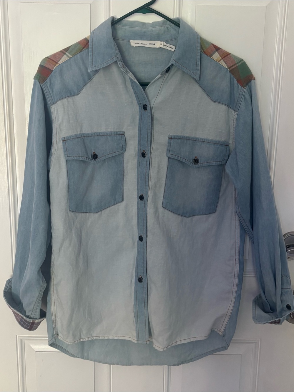 Isabel Marant Light Blue Denim Shirt with Plaid Shoulder Panels